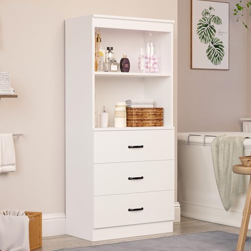Image of 55.5 inch H Bookshelf with Drawers, Tall Bookcase with 2-Tier Open Shelves, Bookshelf and Bookcase with Storage Cabinet for Home Office,Living Room(White, 5-Tier)