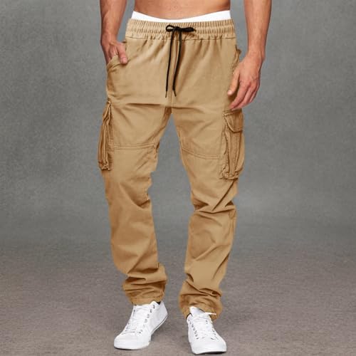 THWEI Cargo Pants for Men Casual Cotton Drawstring Lightweight Relaxed Fit Work Pants Multi Pockets Khaki L