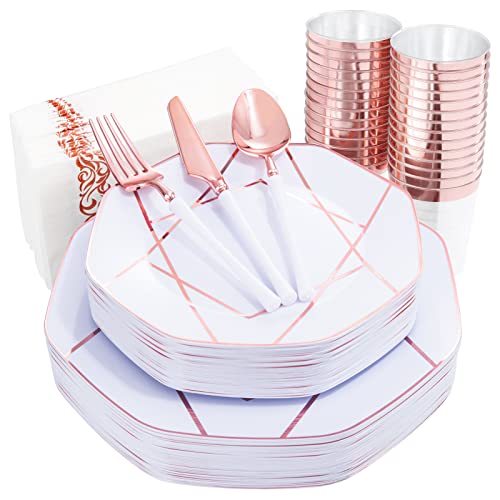 Wdf 20Guest Rose Gold Plastic Plates & Disposable Rose Gold Plastic Silverware With White Handle & Rose Gold Plastic Cups & Rose Gold Napkin- Rose Gold Plastic Dinnerware For Wedding &Mother's Day #TOP16