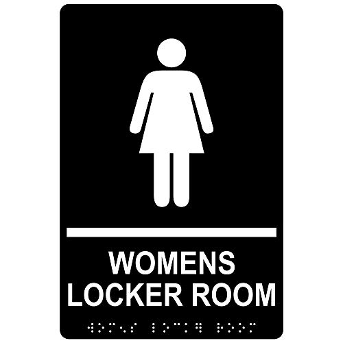 ComplianceSigns.com Womens Locker Room Sign, ADA-Compliant Braille and Raised Letters, 9x6 inch White on Black Acrylic with Adhesive Mounting Strips