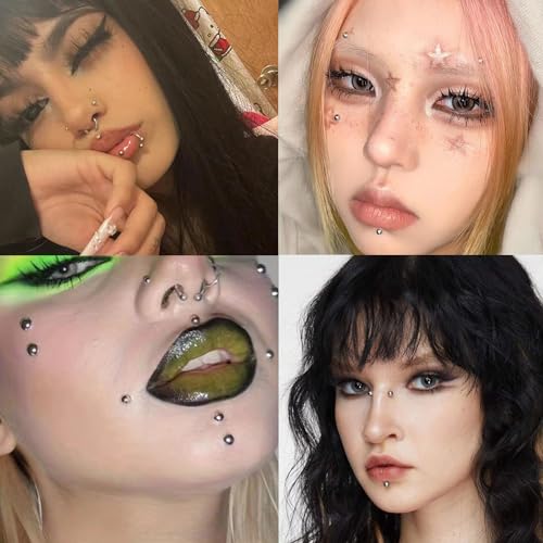 NOOEPC Face Gems Lip Stud, Fake Piercings y2k Accessories Nose Stud Eyebrow Stud, Non Piercing Nose Stick on Silver Belly Button Sticker, Face Sticker Ring Cool Punk Y2K Makeup for Women Men