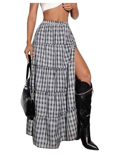 SHENHE Women's Plaid Maxi Skirt High Slit A Line Flowy Tiered Ruffle Y2k Vintage Long Skirt