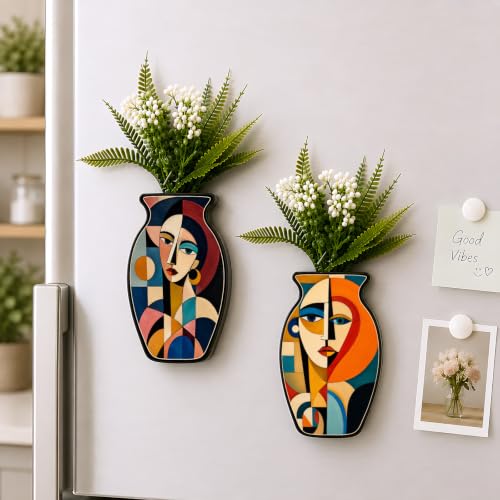Image of Regalo Casila Abstract Woman Face Art Magnetic Artificial Flower Vase Fridge Magnets Set of 2 Colorful Geometric Modern Refrigerator Kitchen Home Office Decor Gift
