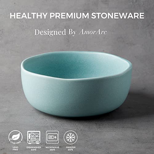 Amorarc Stoneware Cereal Bowls For Kitchen, 28Oz Large Ceramic Cereal Soup Bowls Set Of 4 With Wavy Rim For Meal, Chip-Resistant, Dishwasher&Microwave Safe, Reactive Glaze Matte Turquoise #TOP2