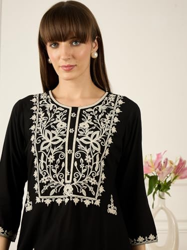 Image of INDO ERA Women's Viscose Rayon Floral Embroidered Straight Calf Length Kurta & Pant Set (IEAI11741)