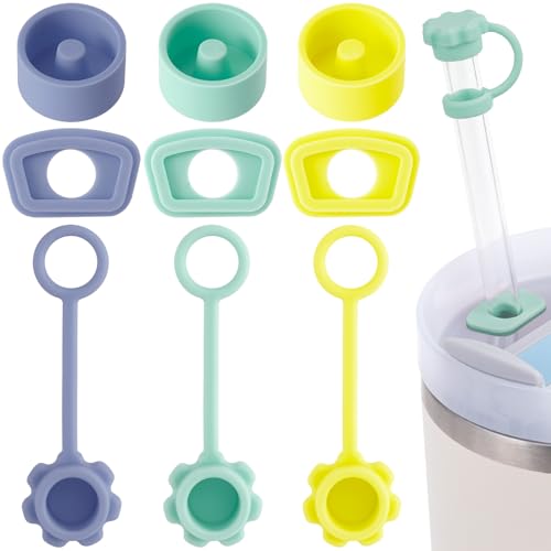 Image of HINZIC 3 Sets Spill Stoppers for 40oz Stanley Quencher H2.0, Purple Yellow Green Straw Cover Cap 10mm, Square Leak Proof Lid and Round Lid Spill Plug, Drinking Accessories