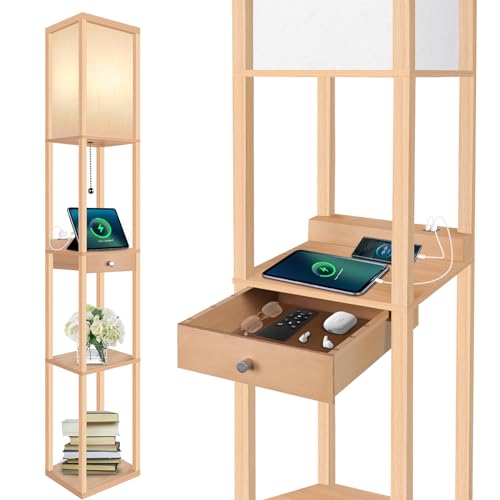 OUTON Lámpara de pie LED con cajón, 3 temperaturas de color, temporizador 1h, 2 puertos USB,...