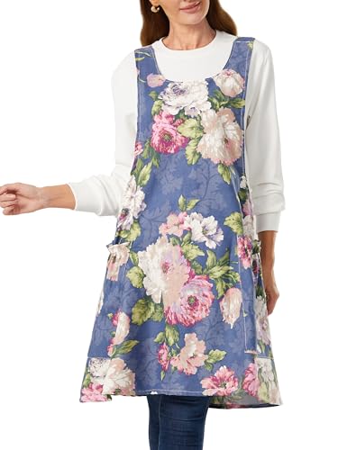 Image of Cozy Adjustable Cross Back Aprons for Women with Pockets Cotton Linen Cooking Kitchen Baking