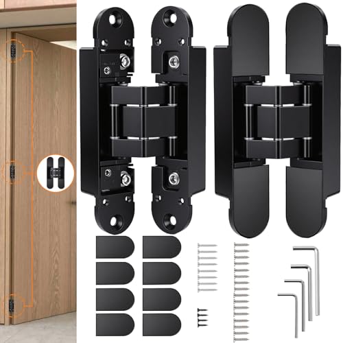 6 inch Hidden Door Hinges Zinc Alloy Concealed Hinges 180 Degree Swing 3 Way Adjustable Butt 6 x 2.5 x 1inch Black Door Hinges for Bookshelf Door and Invisible Door (2-Pack Install Accessories)