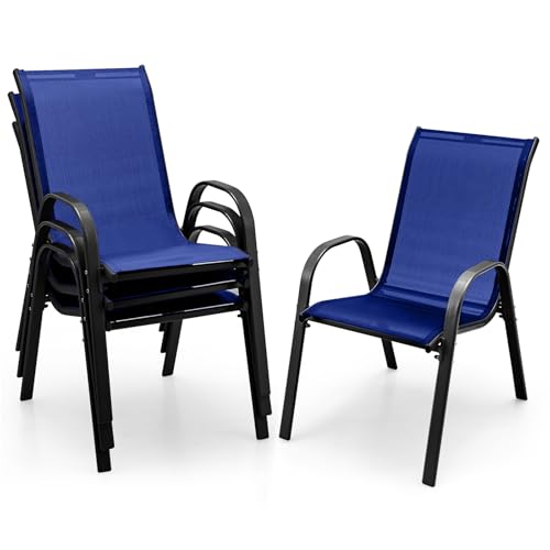Image of Giantex Patio Chairs Set of 4, Stackable Outdoor Dining Chairs with Breathable & Quick-Dry Fabric & Armrests for All Weather, Lawn, Backyard, Poolside,Porch, Deck, 330 LBS Capacity (Blue)