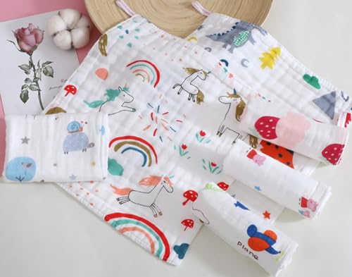 Image of Premium Muslin Baby Burp Cloths - Ultra Soft & Absorbent, 6 Layers for Newborns & Infants - Pack of 5 /10 - Baby Essentials for Baby Feeding (White Printed, Pack of 10)