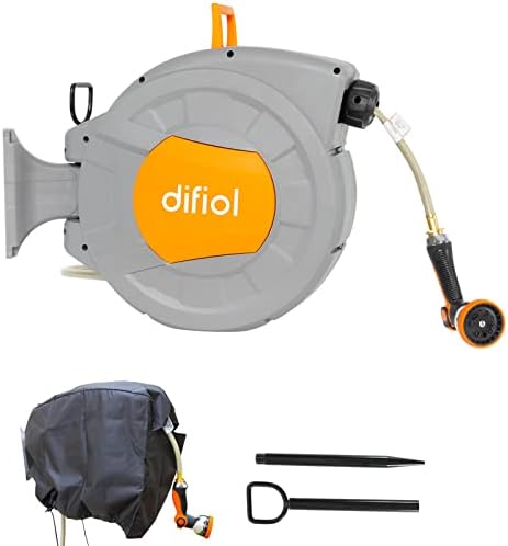 Difiol Retractable Garden Hose Reel Wall Mount, 1/2"×100ft Automatic Garden Hose Reel with Cover, 10 Pattern Hose Nozzle, Optional Installation Mode/Auto Rewind/Any Length Lock/180° Swivel Bracket