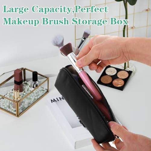 Image of Small Pencil Case, Waterproof Leather Pen Bag, Portable Aesthetic Pencil Pouch Cute Organizer Bag with Zipper for Pen Pencils Markers Office Supplies Makeup Brush(Black)
