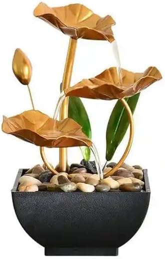 Vinskep Metal Tabletop Water Fountain - Decor Ornaments with Waterfall Desktop Lotus Fountains, Deep Basin and Natural River Rocks, Indoor Zen Relaxation for Office, Bedroom Decor Item (Golden, 1 PCS)