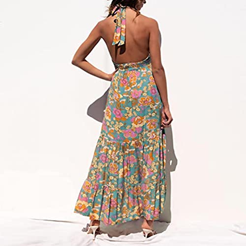 Womens Boho Dress Beach Dress Summer Crossover Halter Neck Sleeveless Plaid Cut Out Backless Flowy A-Line Maxi Dress Blue #TOP3