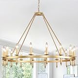 HermnJakk Gold Wagon Wheel Chandelier with Long Candle,40-Inch 16-Light Round Rustic Farmhouse Chandelier Metal Circle Chandeliers for Dining Room Living Room High Ceilings