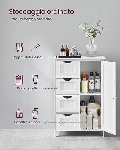 VASAGLE Mobile da Bagno, Armadietto Autoportante, Mobiletto in Legno con 4 Cassetti e Anta, Ripiano Regolabile, per Soggiorno, Cucina, Corridoio, Bianco LHC41W - Immagine 4