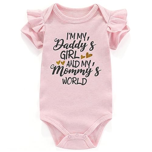 Acwssit Daddys Girl Mommys World Baby girl Clothes with ruffles Funny Bodysuit 0-3 months Pink(3-6Months)
