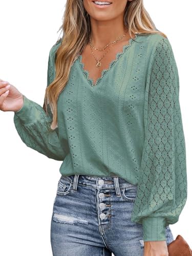 CUPSHE Bluse Damen Elegant Langarmshirt V-Ausschnitt Mit Spitzen Oberteil | Lässig Tunika Wellenkante Floral Cut-Out-Muster Puffärmel Für Business Freizeit Und Alltag XS-XXL