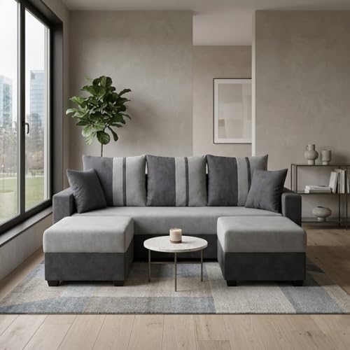 Image of Zenix Dual Tone Rich Velvet Suede 3 Seater Sofa Set with 2 Ottomans | Spacious Soft Touch Comfort Seating | Modern Sofa for Living Room (Dark Gray & Light Gray)