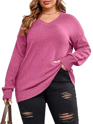TAKEYAL Plus Size Sweaters for Women Knit Long Sleeve V Neck Pullover Tops
