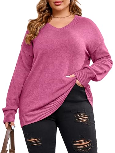 TAKEYAL Plus Size Sweaters for Women Knit Long Sleeve V Neck Pullover Tops