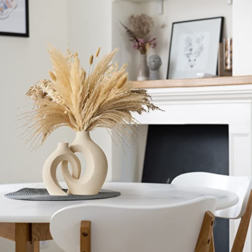 White Ceramic Vase Set Of 2 For Modern Home Decor, Round Boho Donut Vase For Pampas Grass, Neutral Minimalist Vase For Dining Room Table Centerpiece Dining Room, Living Room, Wedding Table Decoration #TOP4