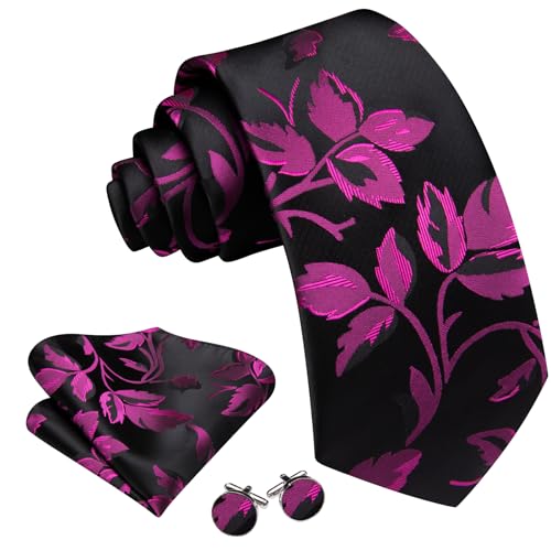 Image of Barry.Wang Flower Ties for Men Silk Woven Floral Tie Sets Necktie Handkerchief Cufflinks Wedding Party