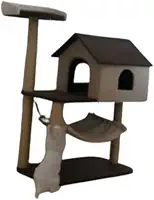 Torre Arranhador para Gatos com Casa e Rede, 3 Níveis, Marrom com begr