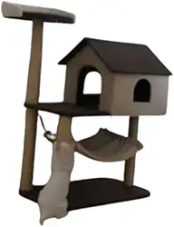 Torre Arranhador para Gatos com Casa e Rede, 3 Níveis, Marrom com begr