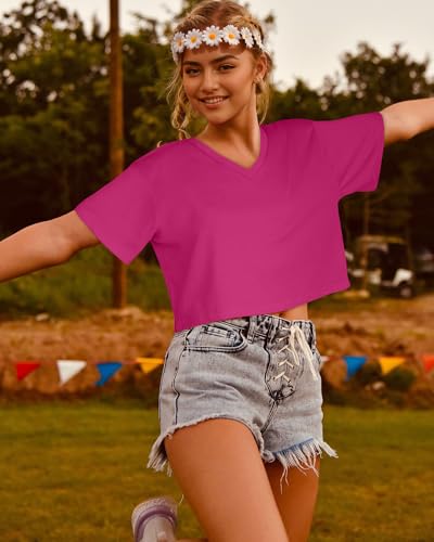 Image of Womens Crop Tops Short Sleeve V Neck Summer Cropped T Shirts Baisc Tees