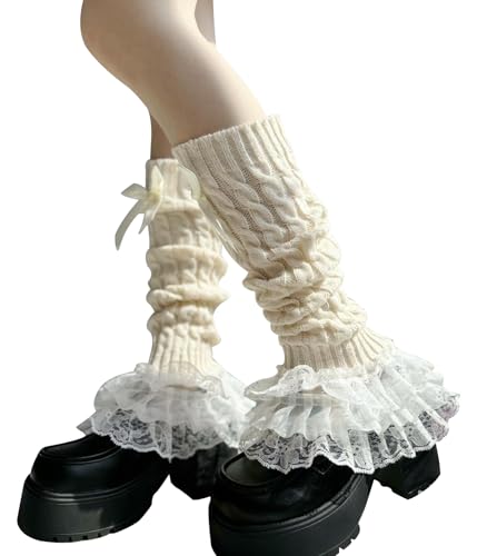Leoparts Womens Knit Leg Warmers Y2K Bow Lace Trim Knee High Leg Sleeve Socks for Lolita Costume Party Accessory