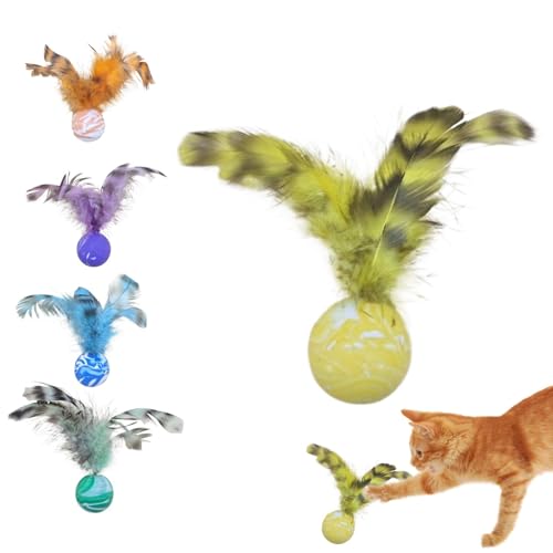 Pzuryhg Cat Ball Toy, 5 Pieces Interactive Cat Bouncy Ball Set with Feathers, Safe Funny Pet Teething Toys For Promotes Interaction, Relieves Boredom (13x3cm/5.12x1.18 in)