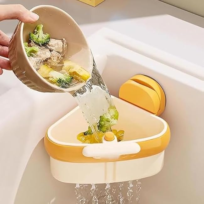 Cureaway Suction Cup Sink Corner Rack, Cureaway Suction Cup Sponge Holder, Triangular Hanging Kitchen Strainer Basket, Say Goodbye to Gross Food Scraps and Smelly Sinks (Yellow)