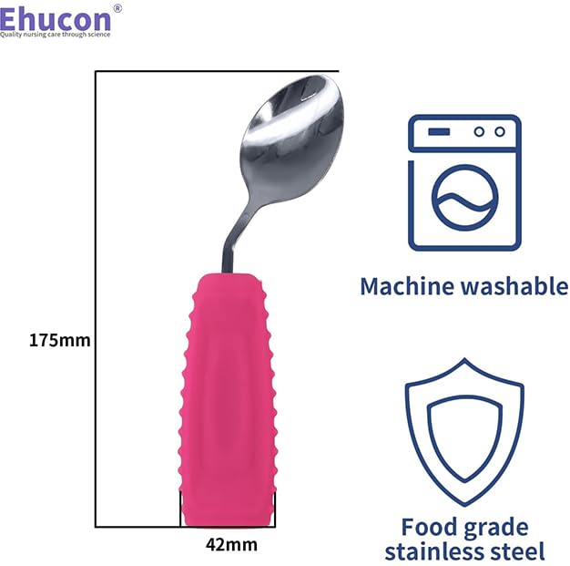 Image of Adaptive Utensils Angled Spoon and Fork for Hand Tremors Parkinsons,Weighted Utensils with Non-Slip Easy Grip Handles for Independent Eating (1pcs Spoon+1pcs Fork=2 pcs,Pink,Left Hand)