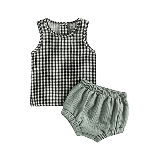 Image of MOREELUCK Baby Girl Summer Clothes Shorts Set 2PCS Soft Tank Top Camisole and Bloomers Short Bottoms Outfit Suit 0-24 Months (A Green, 0-6 Months)