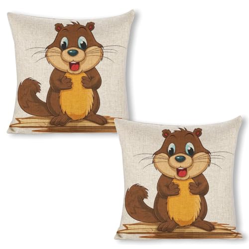 HJUQNGF Throw Pillow Covers 18 X 18 Inches Square Cartoon Animated Beaver Cushion Case for Bedroom Sofa Soft Linen Decorative Pillow Case for Couch Bed Chair No Pillow Insert