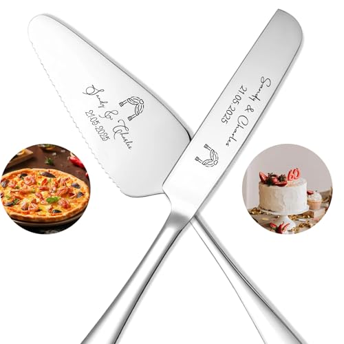 QSZ Ensemble de Couteaux à Gâteau de Mariage Personnalisé Couteaux en Acier Inoxydable Gravés et Personnalisables Cadeau pour Mariage Anniversaire Noël (Ensemble deux pièces)
