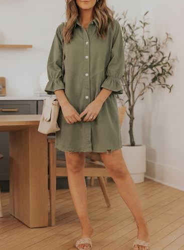 Image of Sidefeel Womens Smocked 3 4 Sleeve Button Down Denim Jeans Dresses