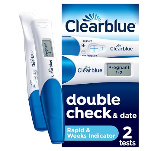 Clearblue Pregnancy Test Double-Check & Date Combo Pack, Result As Fast As 1 Minute (Visual Stick) & Tells You How Many Weeks (Digital Stick), Kit Of 2 Tests (1 Digital, 1 Visual), Packaging May Vary
