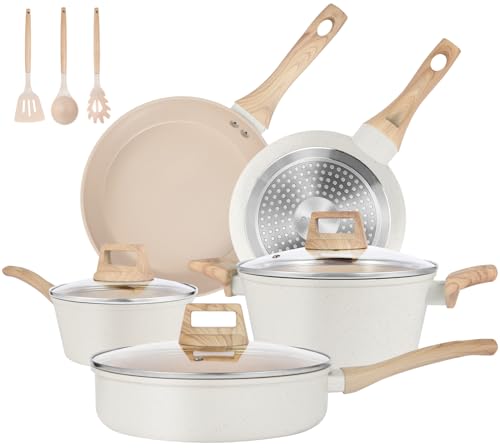 Batterie de cuisine 11 pièces en céramique antiadhésive couleur crème - Set casseroles et poêles compatible tout feux dont induction