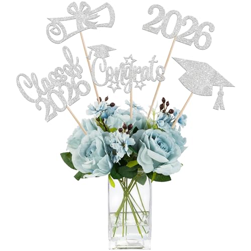 15 PCS 2026 Graduation Centerpiece Sticks Diploma Grad Cap Class of 2026 Table Flower Centerpieces Congrats 2026 Senior Graduation Floral Decorations for 2026 Graduation Theme Party Supplies Silver