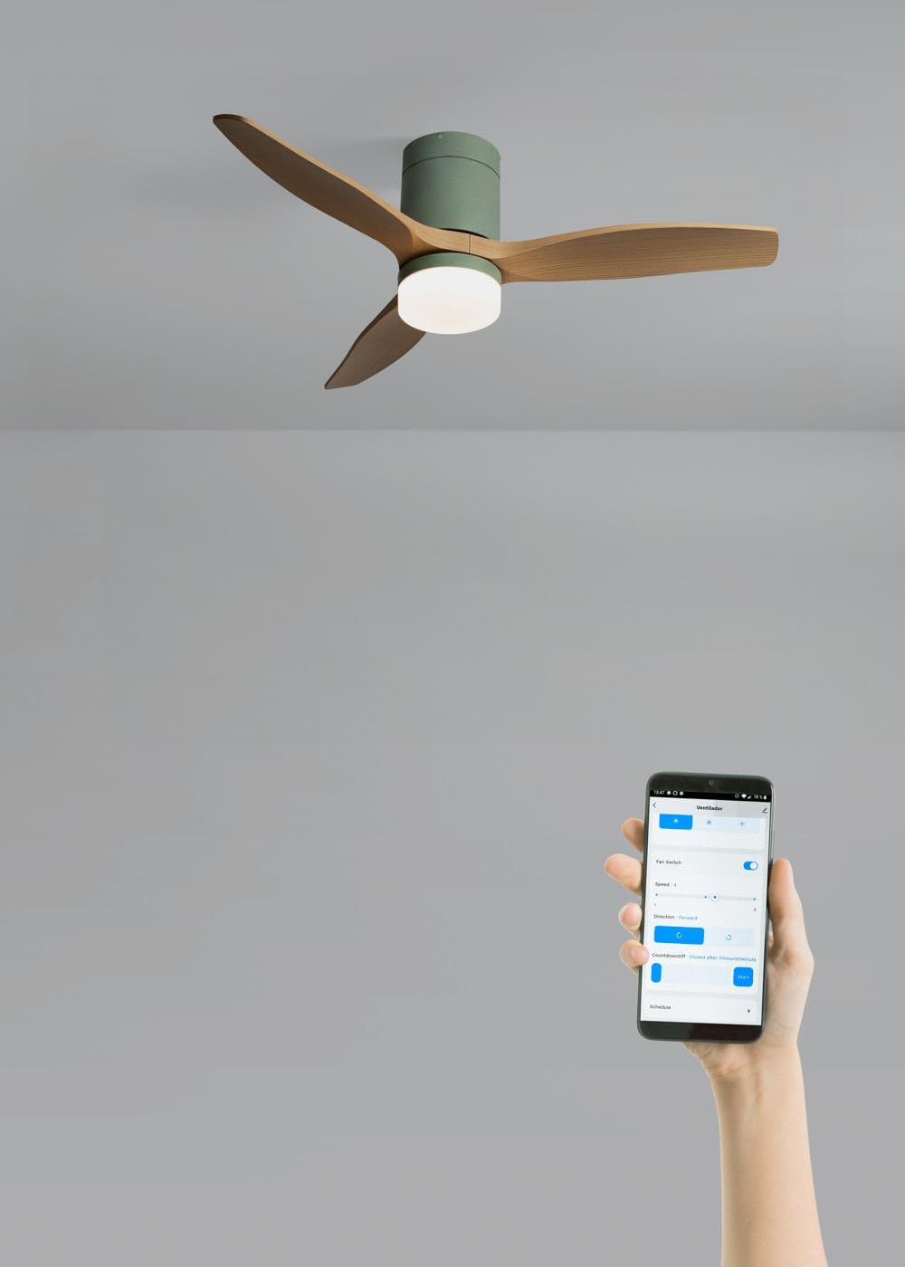CREATE / WINDCALM S/Ventilador de techo ABS con luz verde sage efecto aspas madera clara con Wifi y mando / 40W, Silencioso, Ø112 cm, 3 temperaturas de luz, temporizador, función verano-invierno