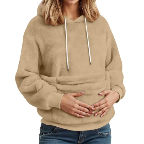 Hrwauag Women Warm Sherpa Hoodie with Spacious Front Pocket Long Sleeve Drawstring Winter Loose Hooded Sweatshirt for Daily Beige - image 3