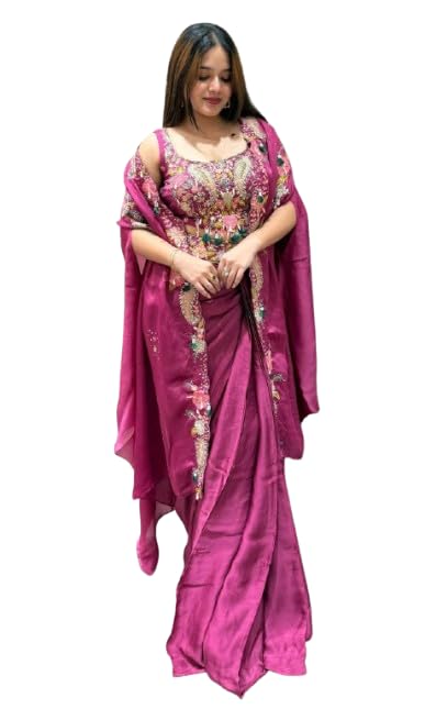 Lehenga Choli Indo-Western Draped Set For Womens And Girls Ready To Wear Party Shurg With Sharara Hevay Apple Organza Silk Fabric With Work Multi Thread Embroidery Work