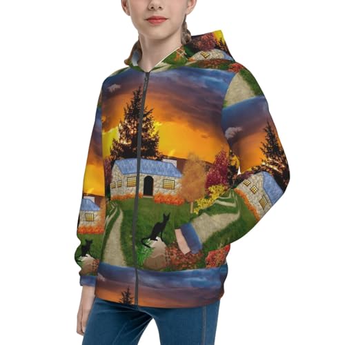 Fall Village Scenery Kids Pullover Hoodies Boys Zip Up Sweatshirts Girls Athletic Clothes with Pocket