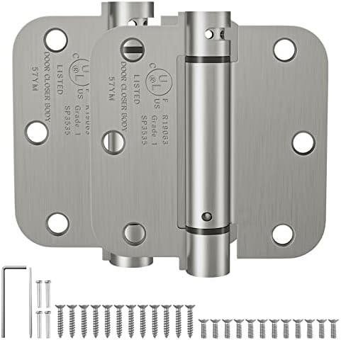 HOSOM Self Closing Door Hinges 3.5 Inch, Spring Loaded Hinges, Adjustable Tension for Interior Door, UL Listed, for Left and Right Hand Door, 5/8'' Radius Corners, Brushed Nickel, 2 Pack