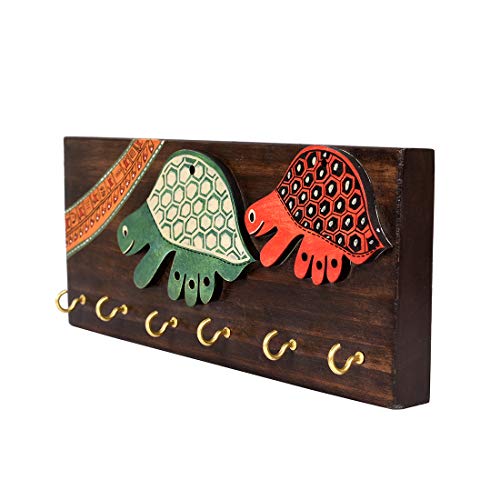 Image of AAKRITI ART CREATIONS Key Holder, Handcrafted Tribal Art Turtle Theme Key Hanger | Rustic Wood Wall Organizer with 6 Hooks | New Home Gifts| Multifunctional Entryway Decor Item