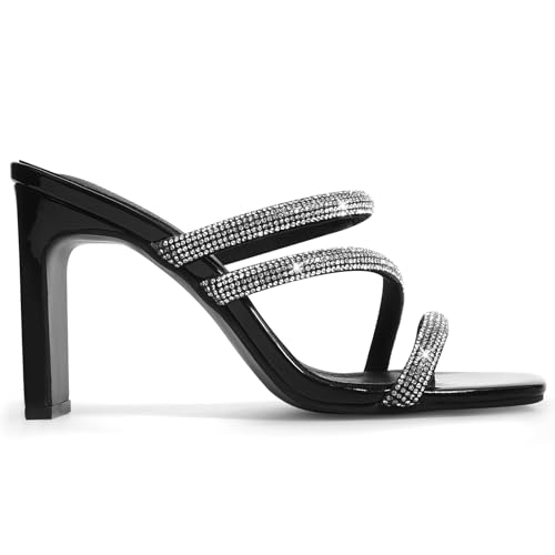 Image of High Heels Sandals for Women Rhinestone Open Toe Slip On with Strappy Strap Dressy Sparkly Heel Bridal Shoes Comfy Sexy Cute