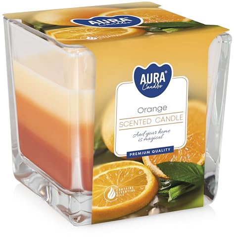 Candela profumata in un bicchiere quadrato con una durata di combustione di 32 ore (profumo: arancione)
